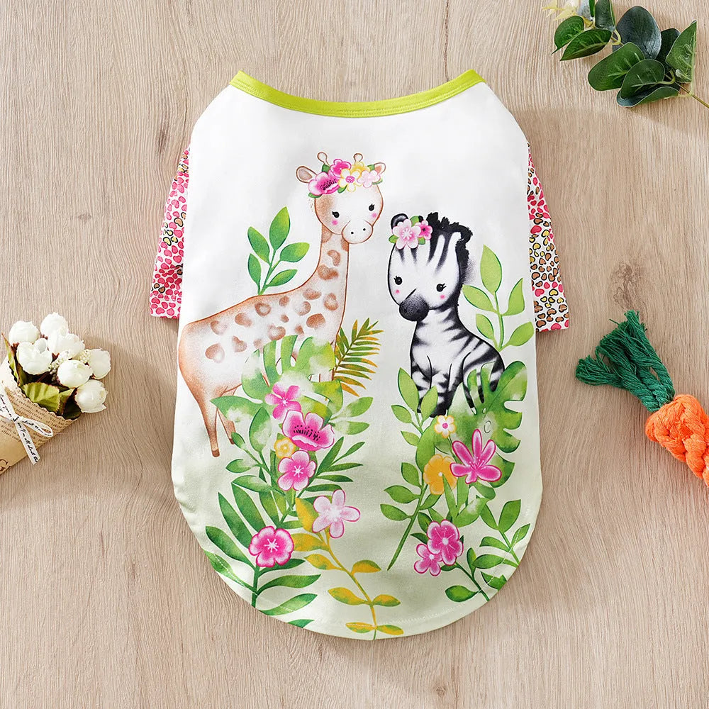 Small dog wearing full-print polyester t-shirt in casual style for spring or autumn