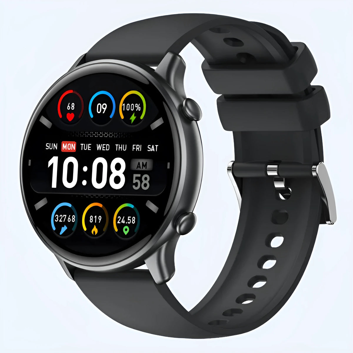 Round smart sports watch with touch screen and silicone strap in three colours