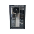 Three-piece hair fibre thickening set: powder canister, nozzle applicator, and shaping spray
