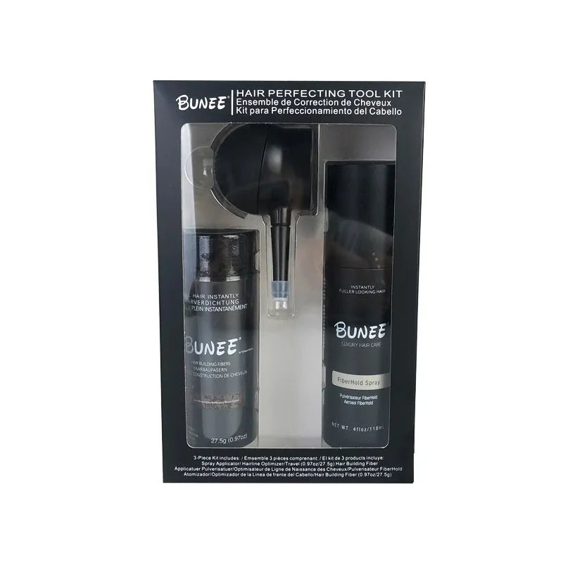 Three-piece hair fibre thickening set: powder canister, nozzle applicator, and shaping spray