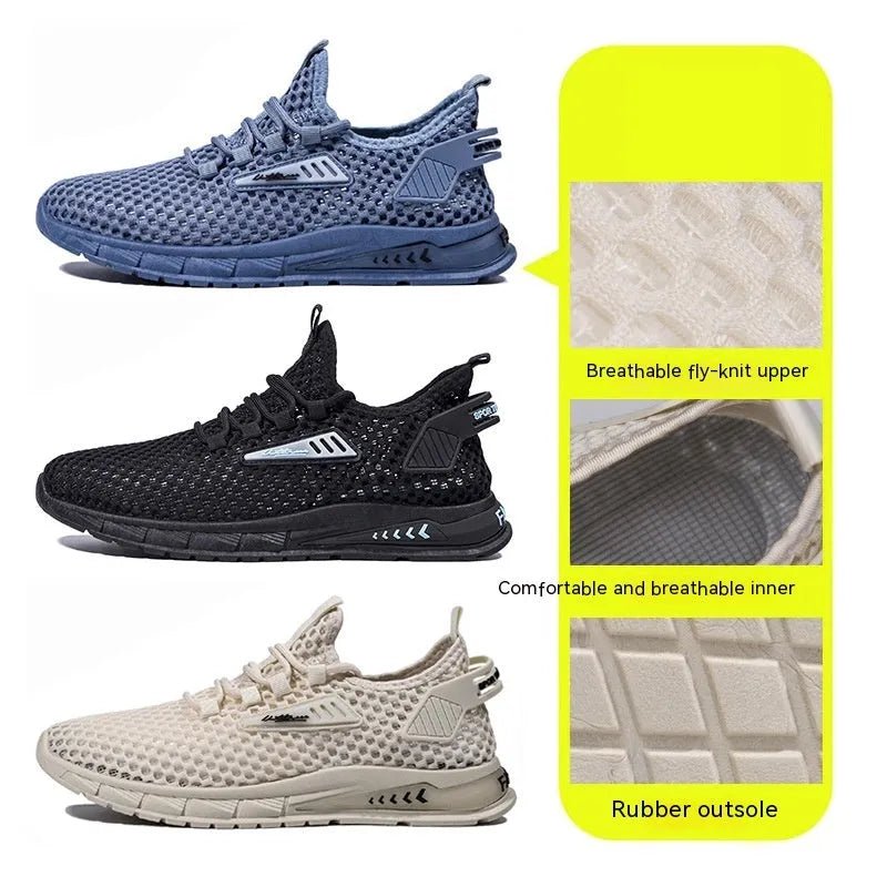 Men's beige casual sneaker with mesh lining, synthetic leather upper, and lace-up front on a low EVA sole.