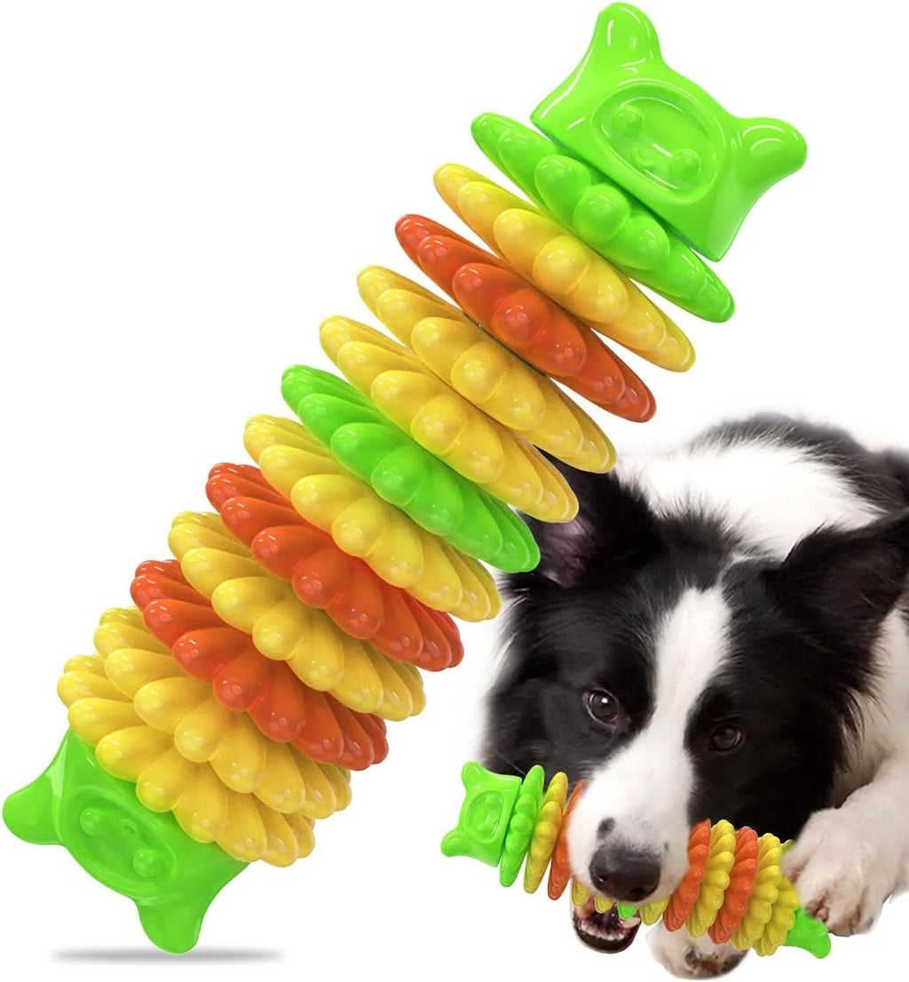Blue caterpillar-shaped natural rubber dog chew toy measuring 17cm long