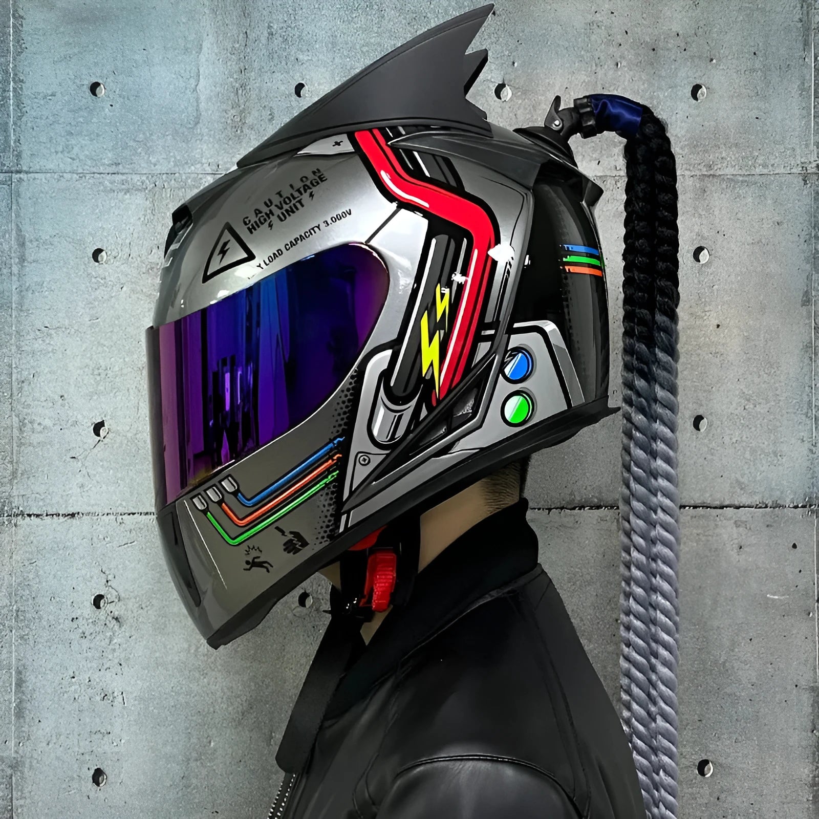 Couples' Dirty Braids full face motorcycle helmet in Black Clown graphic style on a white background.