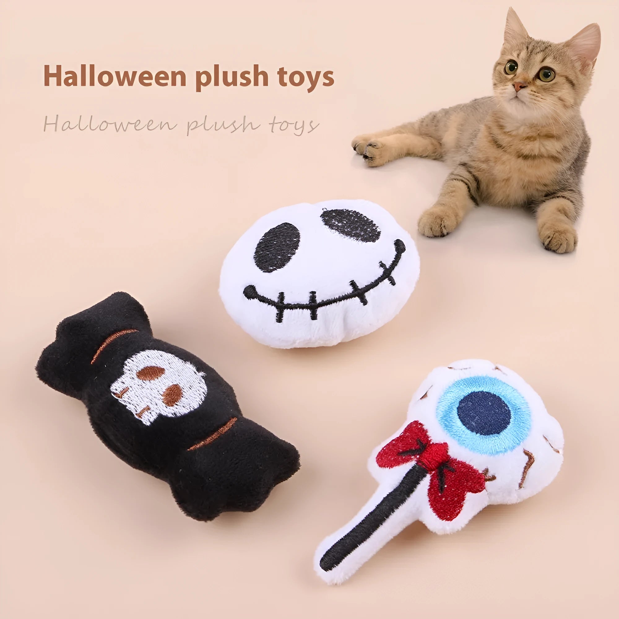 Small cat teaser wand toy with plush candy-themed attachment for interactive pet play