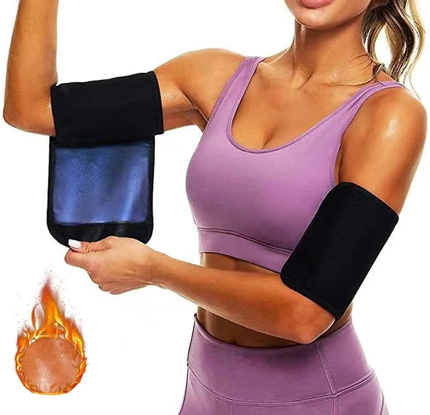Blue and silver sports arm band sweatband with binding band, shown in various size options.