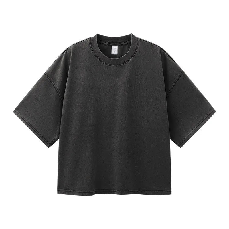 Men's vintage washed-out cotton T-shirt in khaki light colour with loose fit and drop-shoulder sleeves