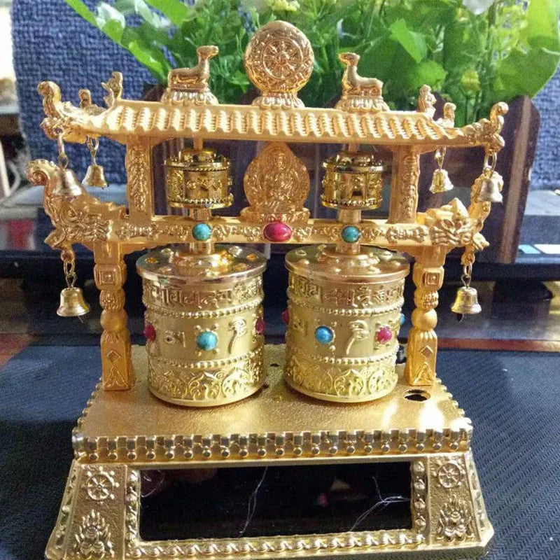 Traditional Chinese style alloy prayer wheel car decoration with license plate model measuring 12x15x8cm