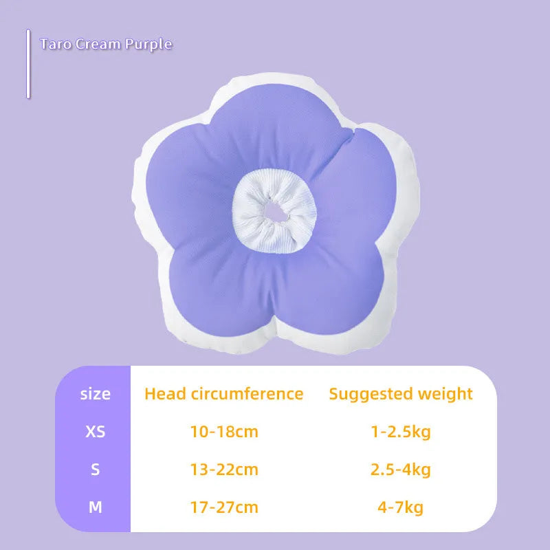 Cotton cat recovery collar with a solar-powered flower, shown in blue on a model, with adjustable fastening.