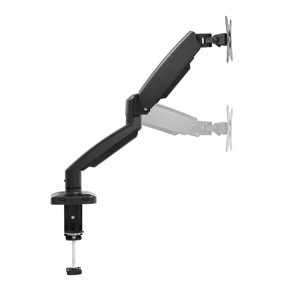Black rotating telescopic monitor bracket on table with screen adjustment demonstration
