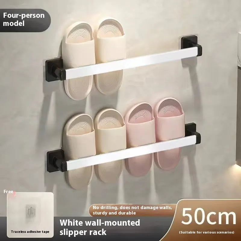 Nordic style wall-mounted bathroom slipper rack with integrated seat in black finish