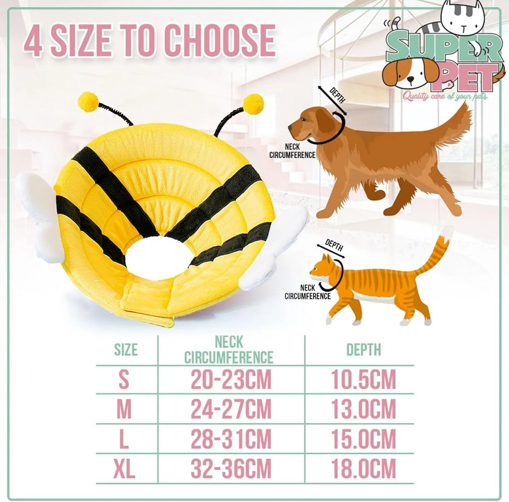 Soft white cat cone collar with black bee design and adjustable Velcro closure.
