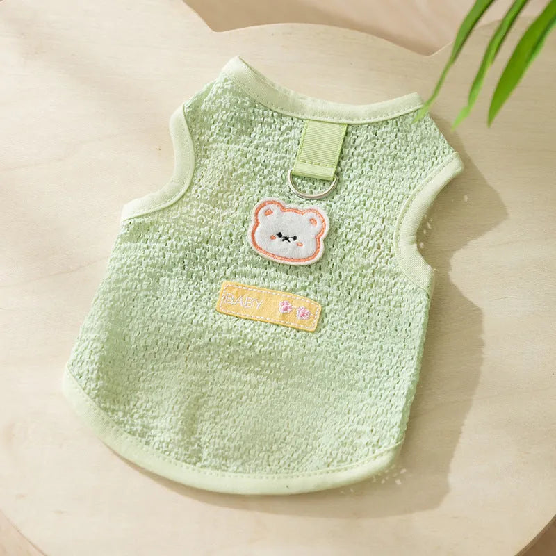 Hollowed-out cat clothes with bear patch in knitted fabric, shown in green colour