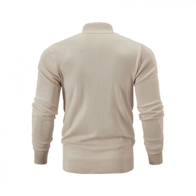 Men's apricot cotton zip-up cardigan with stand collar on a hanger.
