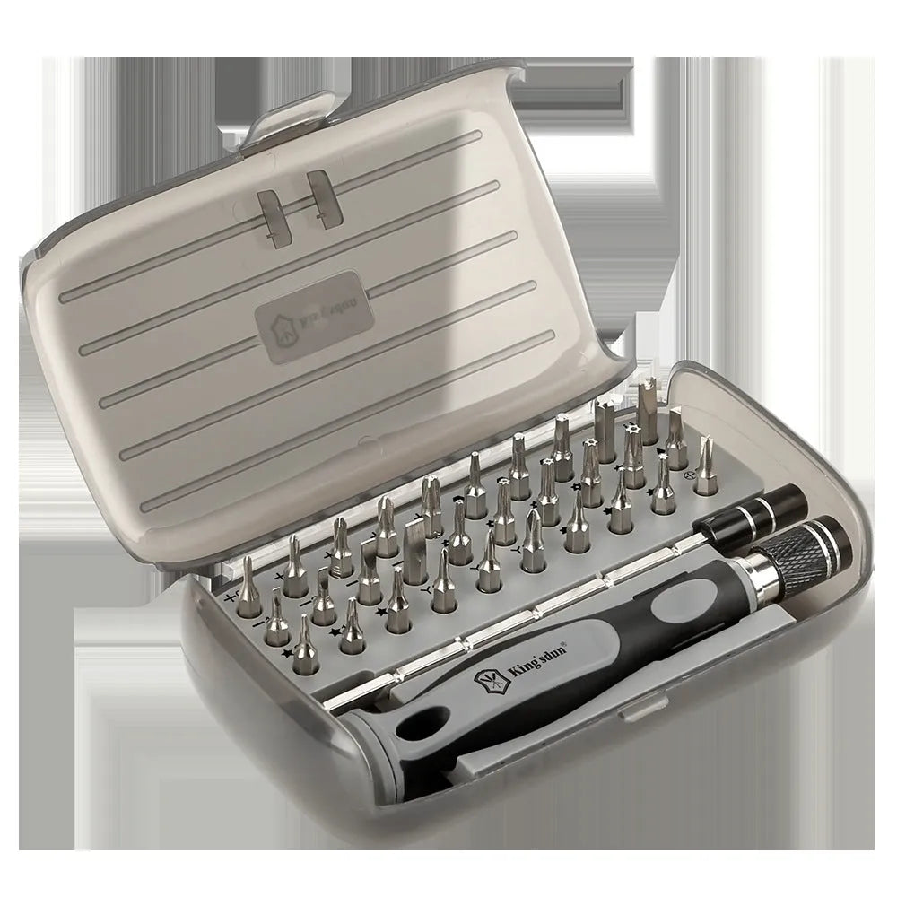 32-in-1 screwdriver set with 30 bits in a black plastic organiser case, featuring a CRV steel driver.