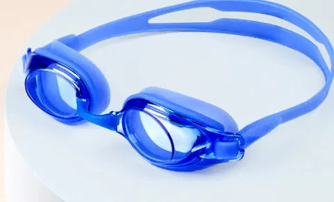 Swimming goggles for myopia with corrective lenses and a matching storage case.