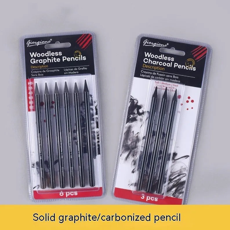 Carbonized pencil set showing 6 graphite and 3 carbonized pencils on suction card packaging