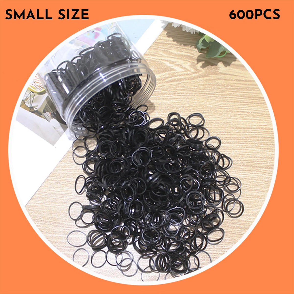 Assortment of colourful small TPU baby hair ties in a reusable plastic container.