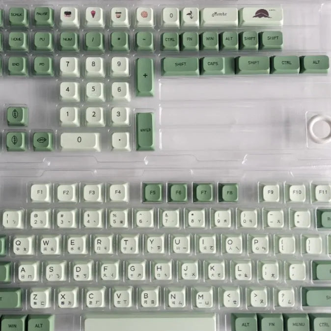 124 PBT keycaps with matcha green colour and white doubleshot legends for mechanical keyboards.