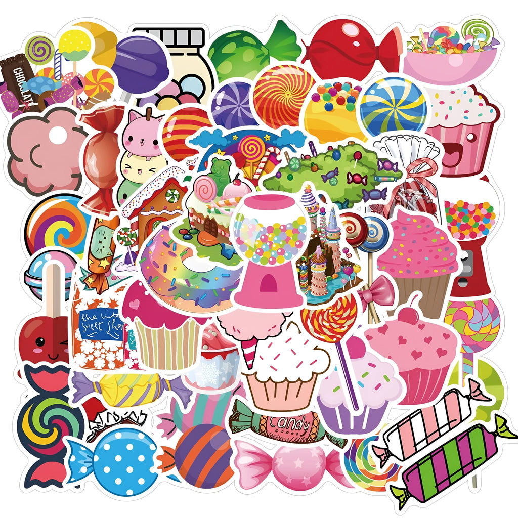 Pack of 50 pink candy-themed graffiti and cartoon stickers on a white background.