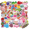 Pack of 50 pink candy-themed graffiti and cartoon stickers on a white background.
