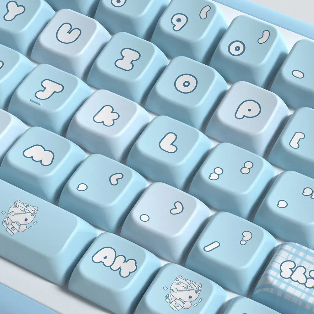 Custom watercolour cat design mechanical keyboard keycap set in PTB material, showing colourful artwork.
