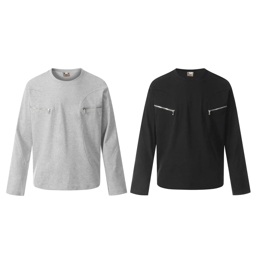 Man wearing a loose-fitting black long sleeve cotton t-shirt with a retro casual style.