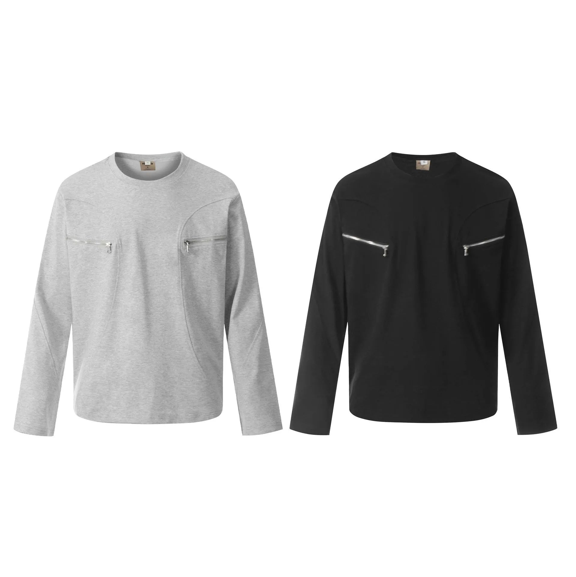 Man wearing a loose-fitting black long sleeve cotton t-shirt with a retro casual style.