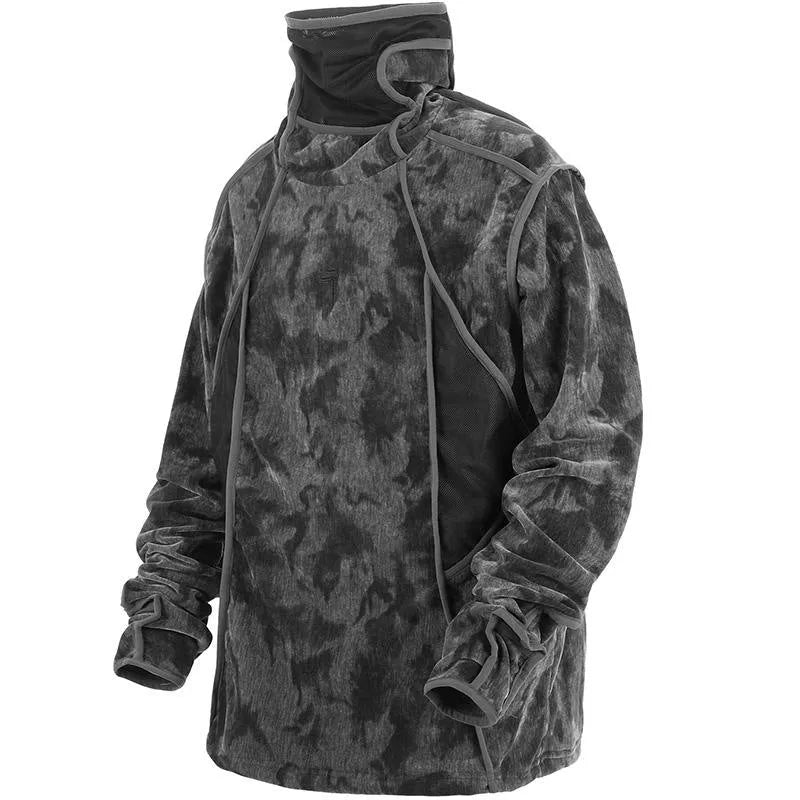 Men's black and grey tie-dye printed turtleneck sweater with drop-shoulder sleeves and loose casual fit