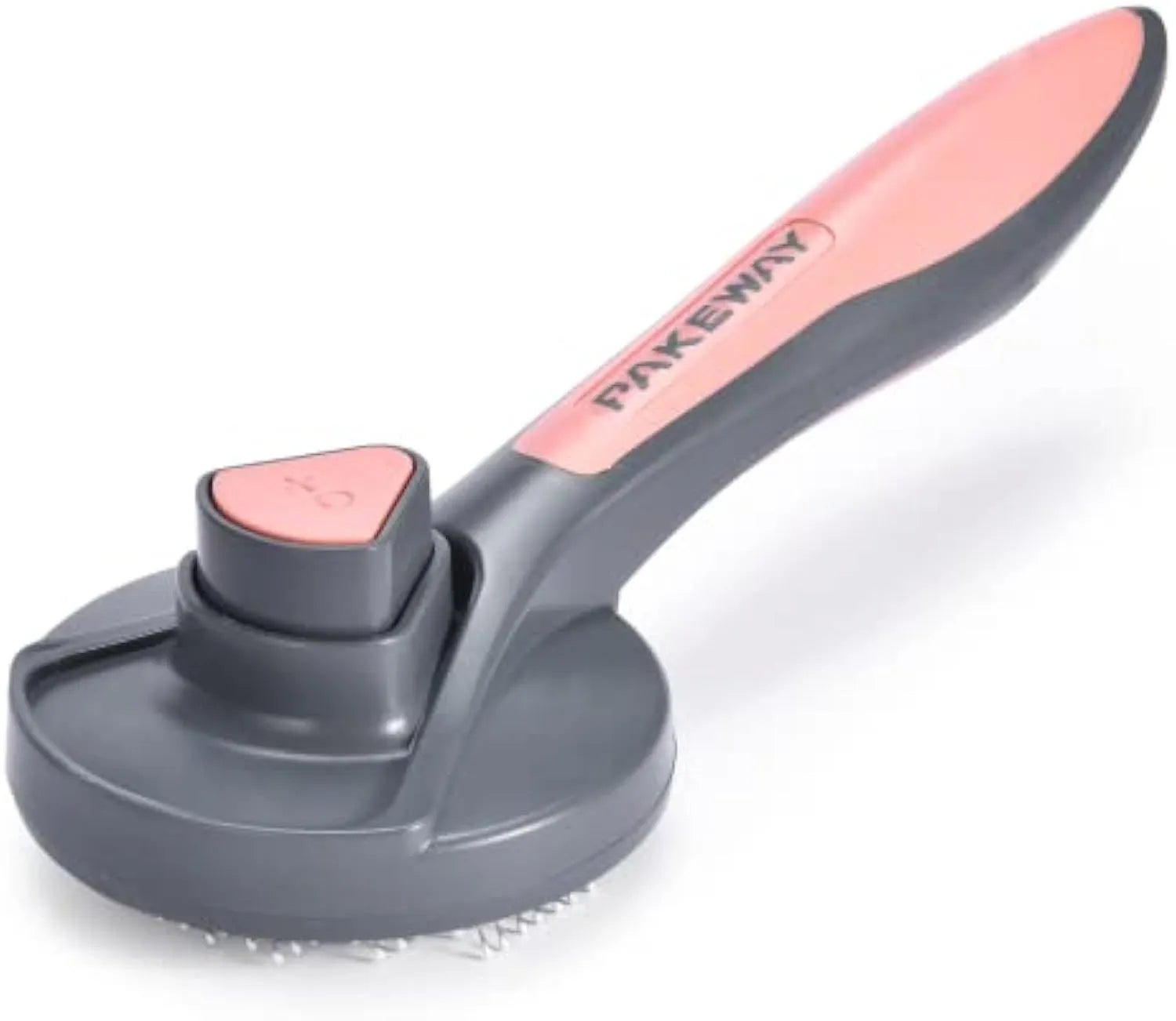 Grey self-cleaning slicker brush for pets with a one-click button and massage-tipped bristles on a white background