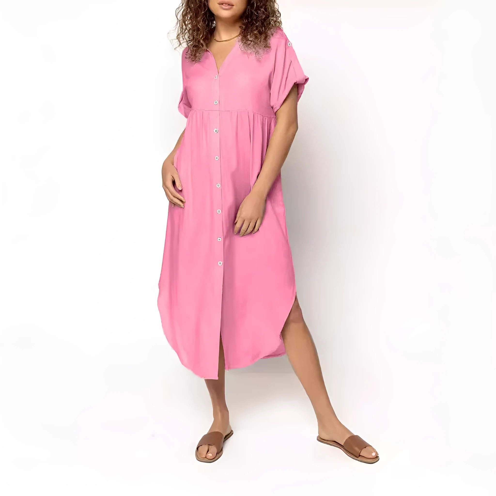 Casual mid-length button-front dress in solid colour with regular sleeves and mid-waist cut