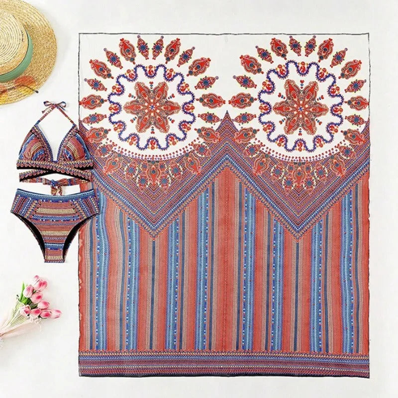 Three-piece split swimsuit set with high waist cutout blouse body and coat in picture color