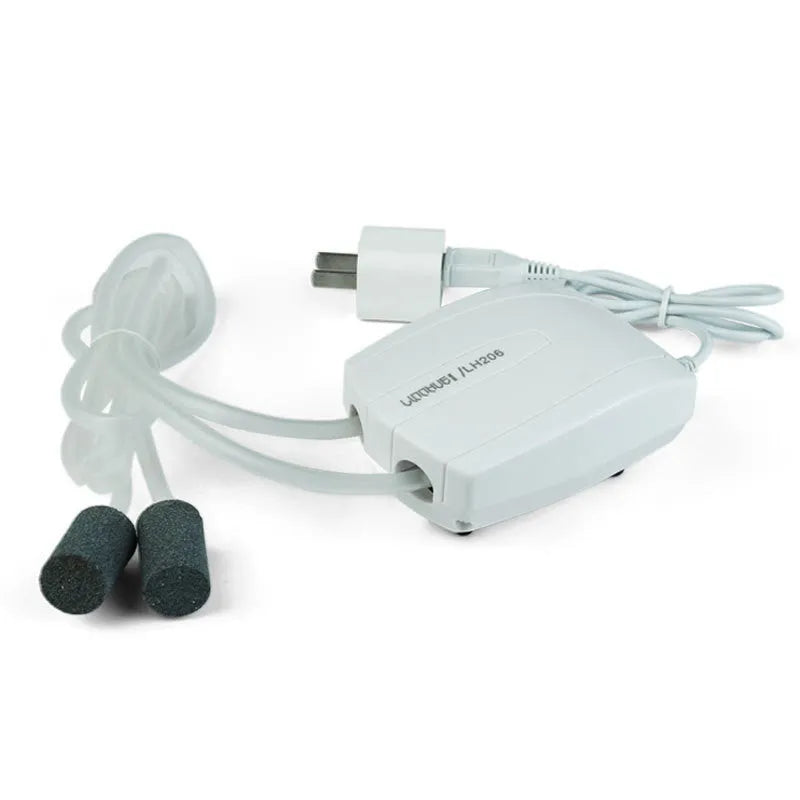White aquarium air pump mini compressor with steel clip and rubber shockproofing, models LH205 and LH206.