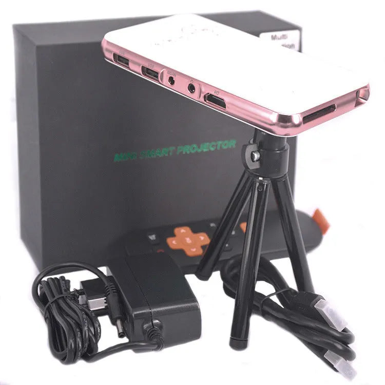 White rose gold miniature DLP Android projector measuring 145x80x17.5mm with 32GB memory