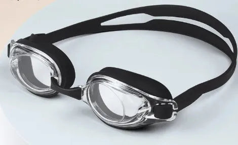 Swimming goggles for myopia with corrective lenses and a matching storage case.