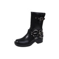 Women's black platform ankle boots with buckle detailing and mid-calf height