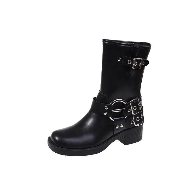 Women's black platform ankle boots with buckle detailing and mid-calf height