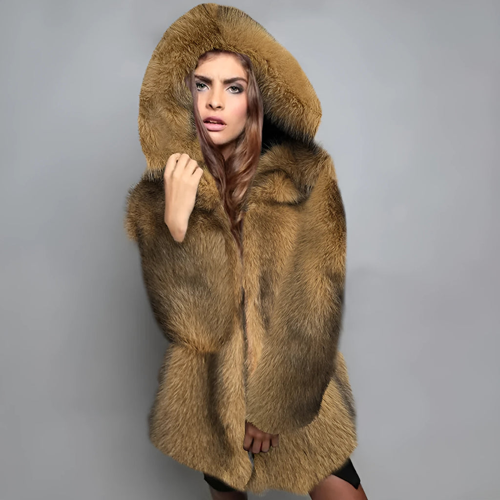 Loose mid-length silver grey artificial fur coat for women on a hanger