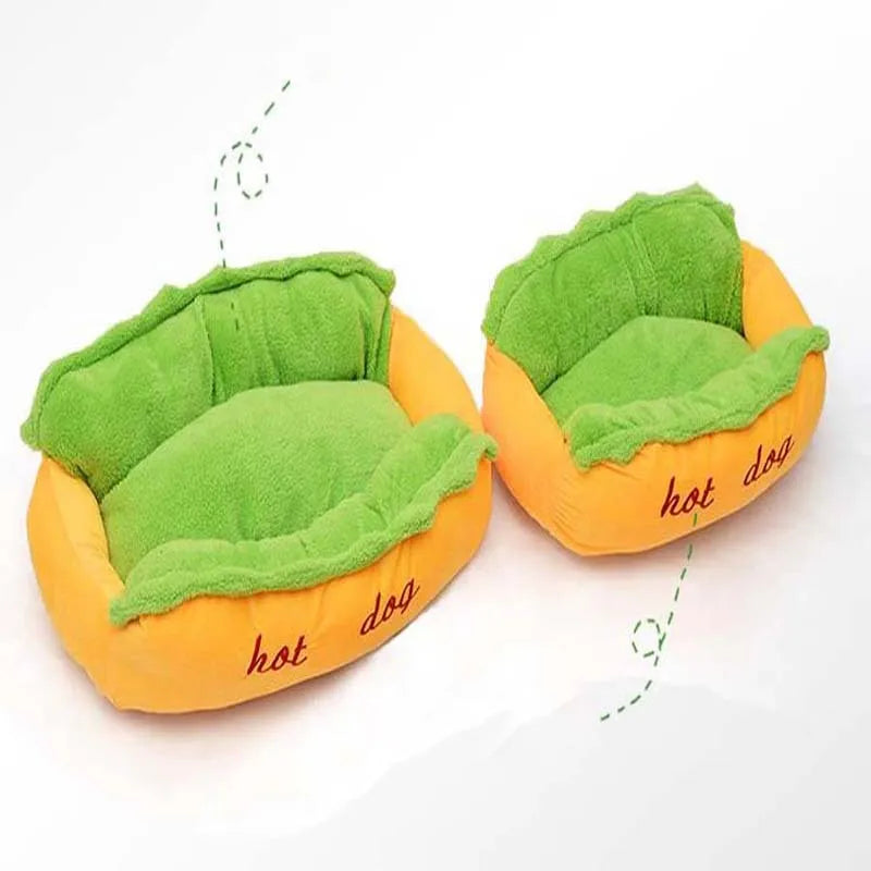 Soft flannelette hot dog bed for pets with removable cushion and anti-slip base in multiple sizes.