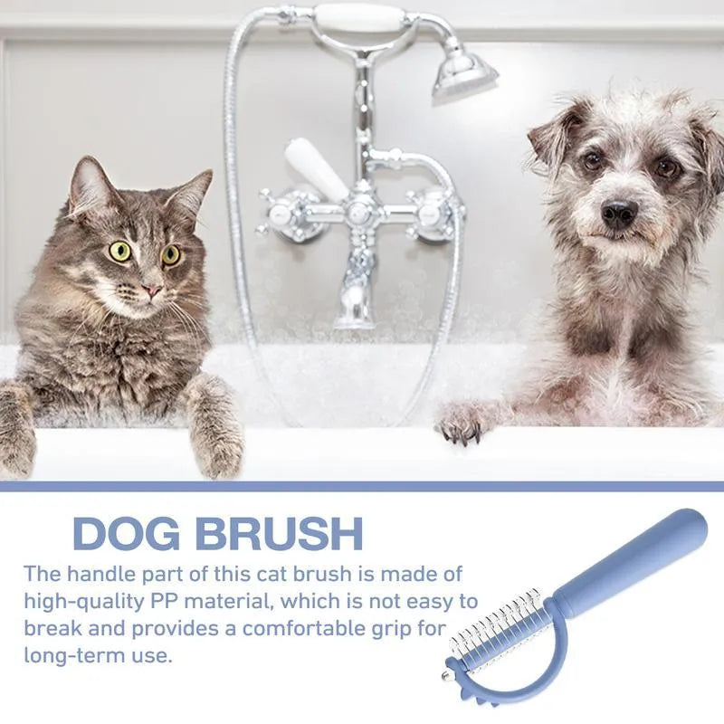Blue dinosaur-shaped cat brush with self-cleaning button and stainless steel pins