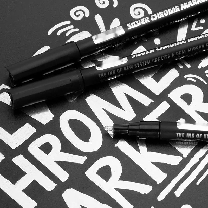 Waterproof mirror marker pen with plastic body, shown with 1mm and 2mm nib options.