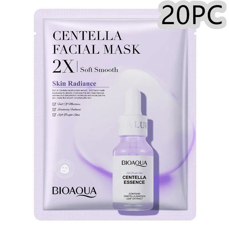 Single-use facial sheet mask with gel serum, shown in Centella, Collagen, Hyaluronic Acid or Vitamin C variants.