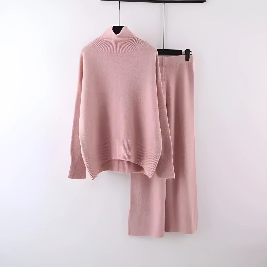 Women's beige acrylic sweater and wide-leg trousers two-piece casual set