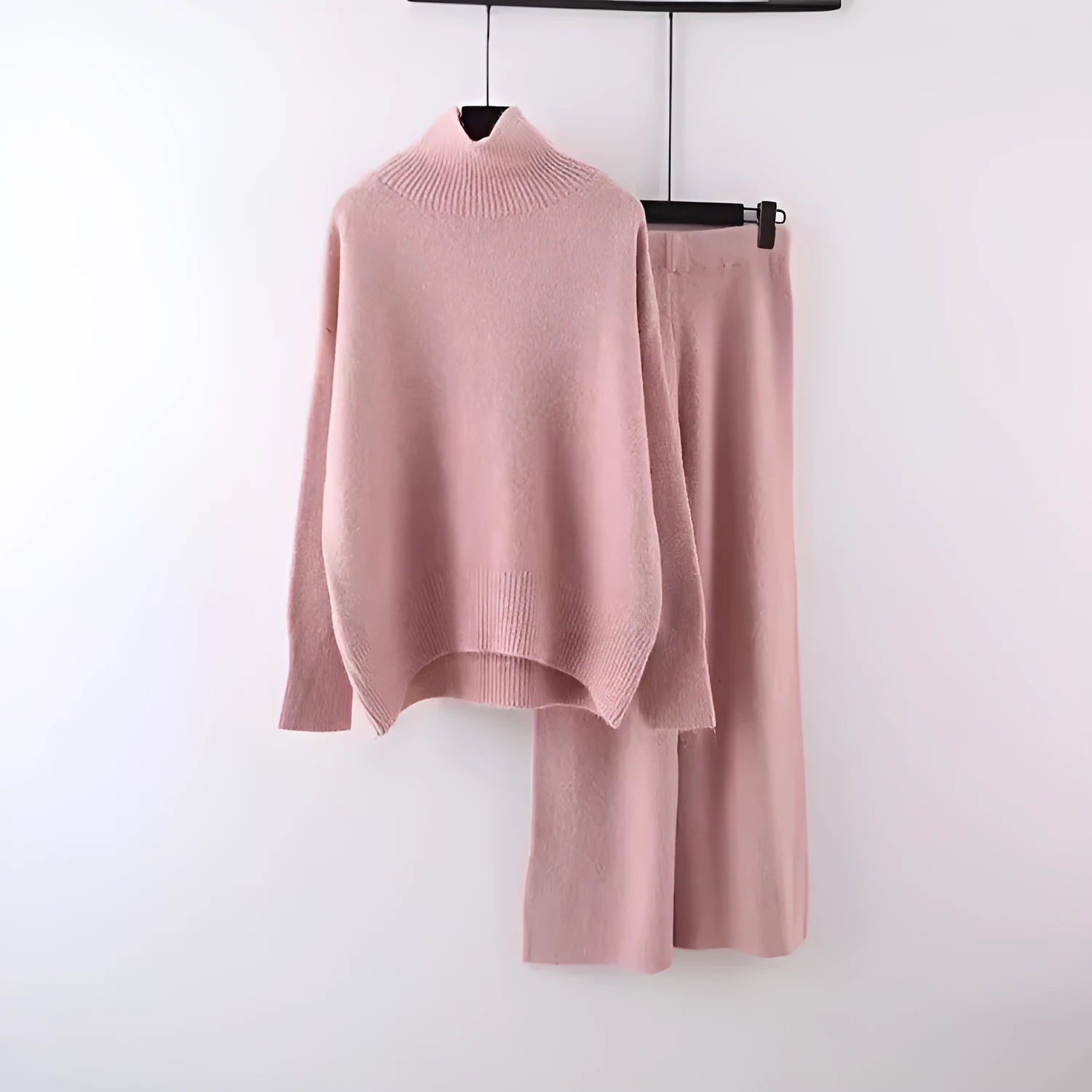 Women's beige acrylic sweater and wide-leg trousers two-piece casual set