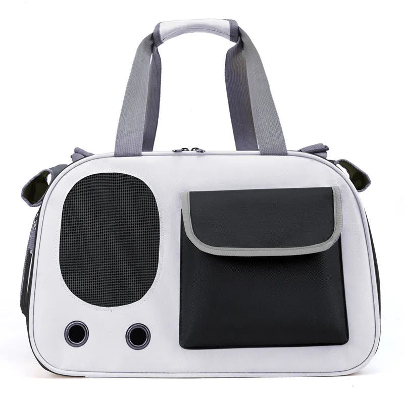 Foldable canvas pet shoulder bag shown in black, green, and yellow colour options