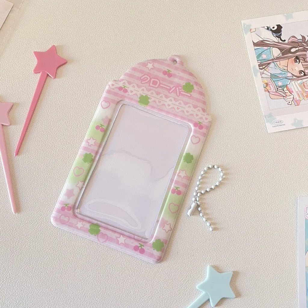 Plaid cartoon strawberry design PVC card holder pendant showing 7.6 by 13.6 cm sleeve