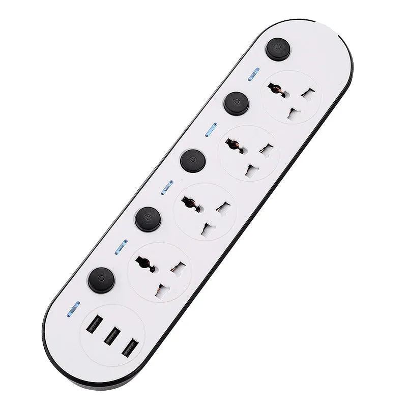 Multi-switch power strip with USB ports in international plug formats