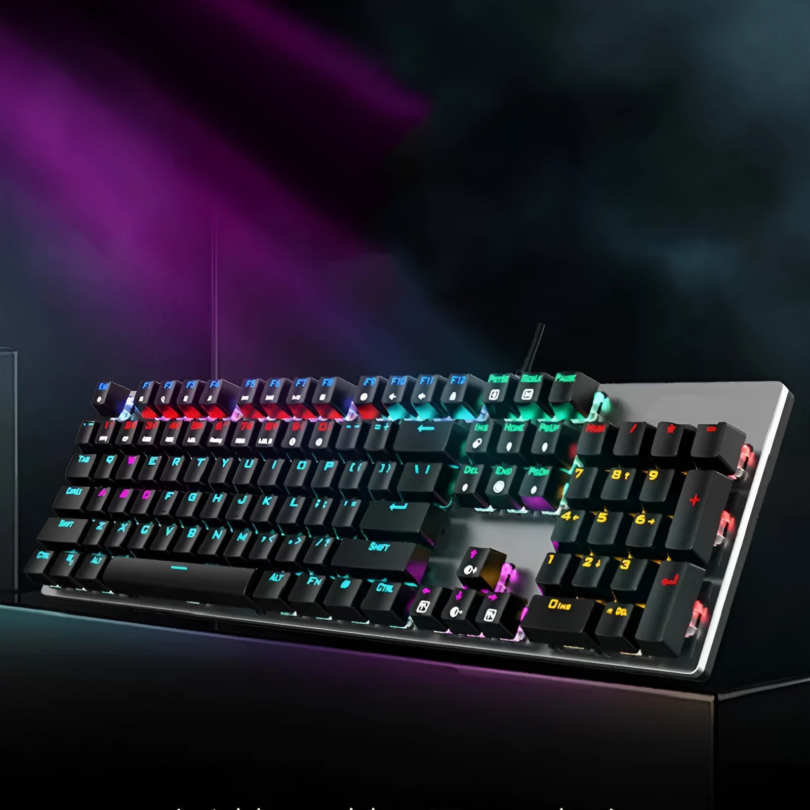 GK410 mechanical keyboard with metal construction and backlit keys on desktop