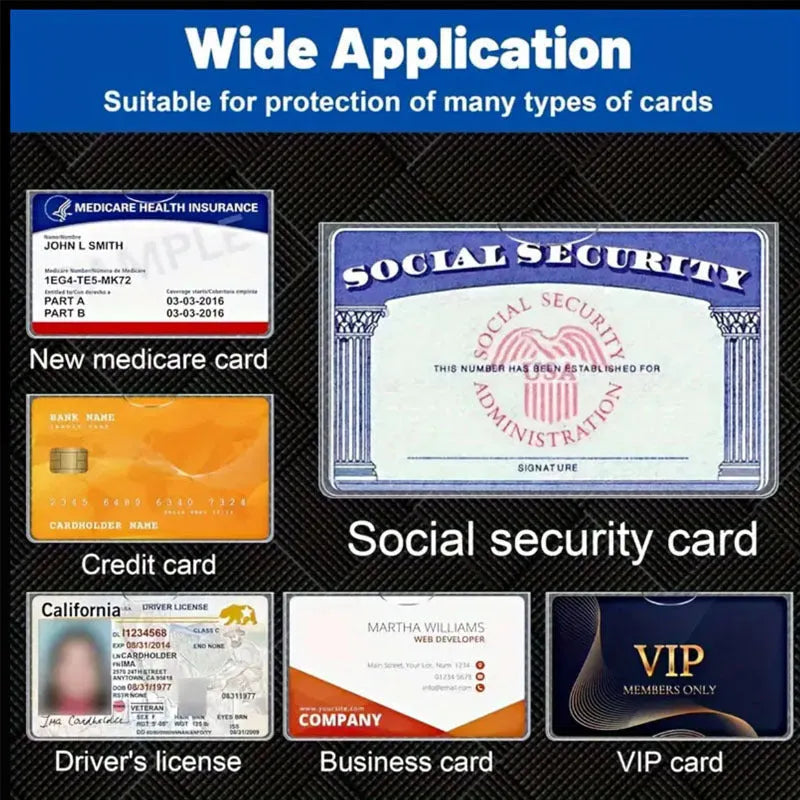 Transparent PVC social security card holder measuring 9.7 by 5.9 centimetres