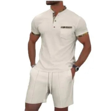 Men's grey waffle zipper polo collar short sleeve top with matching shorts laid flat