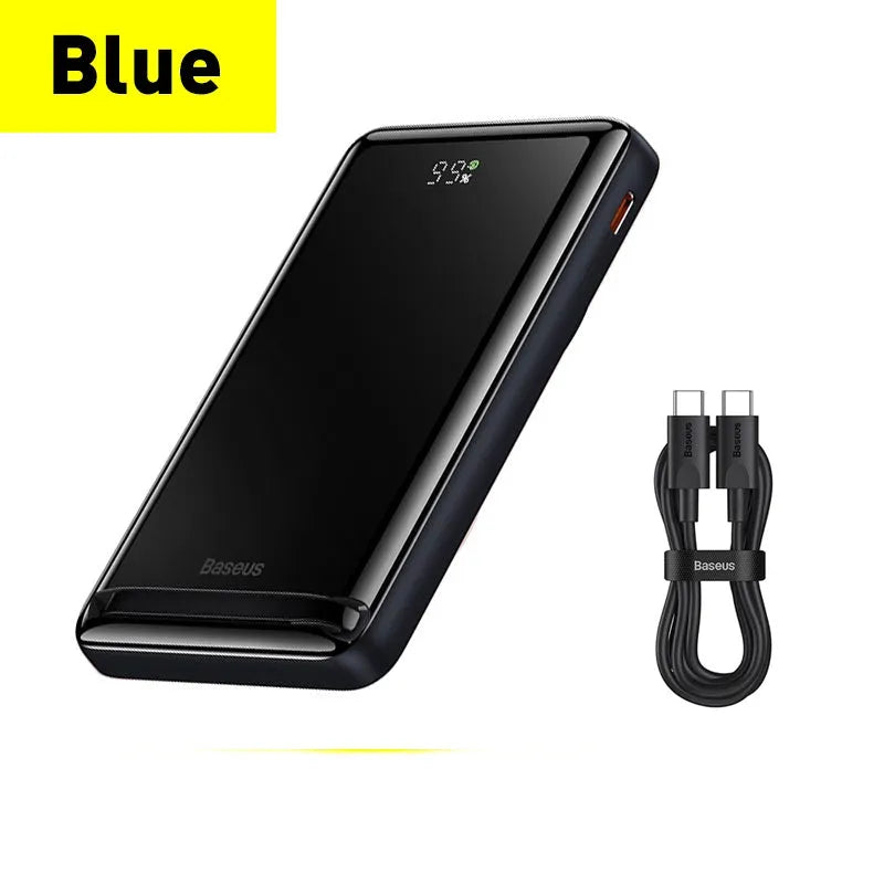 Slim magnetic wireless power bank with USB port in blue, pink, or white colour